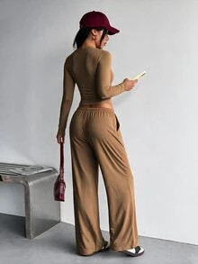 Dewbera Dewbera 2pcs Women's Dark Brown Seamless Knit Set - Coffee Brown - View 2