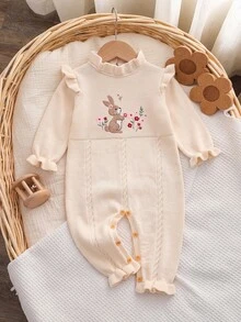 SHEIN Baby Girls Newborn Knit Romper, One-Piece Jumpsuit, Rabbit Embroidery, Ruffle Trim, Suitable For Autumn/Winter, Soft - Apricot - View 3