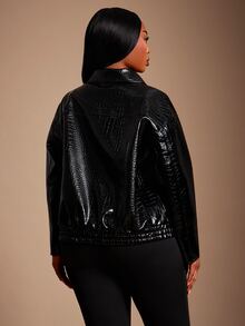 SHEIN SXY Plus-Size Women's Glossy Leather Loose-Fitting Black Coat Winter - Black - View 2