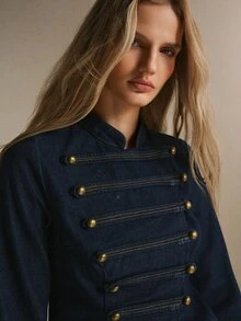 Poéselle Women's Cropped Stand Collar Denim Jacket With Gold Button Braid Detail, Military Inspired - Dark Wash - View 4
