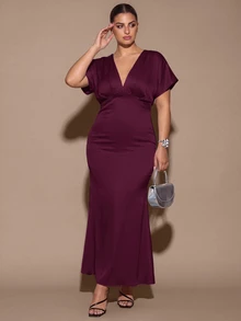 SHEIN BAE CURVE V-Neck Batwing Sleeve Solid Color Mermaid Dress - Maroon - View 6