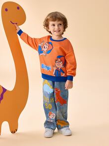 Blippi X SHEIN 小男孩圓領長袖卡通印花運動衫 - 橘色 - 查看 7