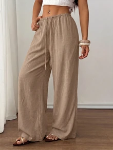 SHEIN PETITE 女款素色休閒百搭日常穿著長褲 - 卡其色 - 查看 8