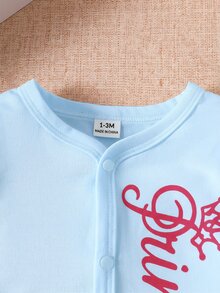 SHEIN 2件組新生女嬰連身衣帽子套裝 可愛公主風 淺藍色字母印花 蝴蝶結連腳長袖圓領 加厚款 派對家庭秋季穿著 - 淺藍色 - 查看 4