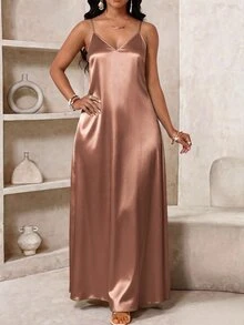 SHEIN Lady Plus Size Women Elegant Solid Color V-Neck Dress - Mocha Brown - View 3