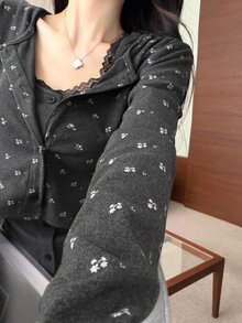 DAZY Dark Gray Floral Contrast Lace Trim Faux Two-Piece Button Slim Fit Cropped Long Sleeve Knit Set - Black - View 2