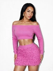 BamGleam Women's Sweater Two Pieces Set, Pink Sleeveless, Off-Shoulder, Knitted Top, Fringe Mini Skirt, Date, Photo, Party, Party, Millennial Hot Girl Style, - Pink - View 3
