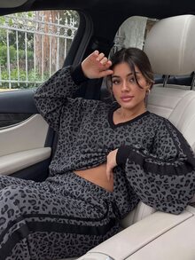 SHEIN EZwear 女款大尺碼V領長袖豹紋上衣與長褲兩件套 - 彩色 - 查看 5