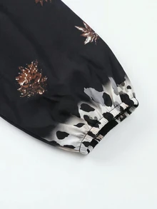 Linhara CURVE Bohemian Patchwork Leopard Print Iron-On Women's Vintage Loose Casual Long Sleeve Shirt Fall - Black - View 7