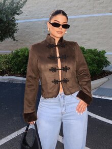 SHEIN SXY Women's Elegant Elegant Woven Strap Frog Button Faux Fur Coat - Brown - View 1