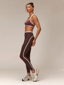 GLOWMODE 24" Ultrafine Soft Seamless V-Waist Contoured Scrunch Bum Contrast Seams Non-See-Through Leggings Running Workout Gym - Brown - View 9
