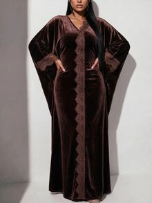 Veilorie Plus Size Women's Contrast Lace V-Neck Batwing Sleeve Elegant Dress - Brown - View 8