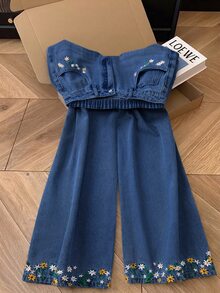 GlowEve CURVE Celana Jeans Denim Saku Kancing Bordir Serbaguna Ukuran Plus, Formal Pantai Biru dan Kuning, Kasual Musim Panas, Peri - Dark Wash - View 2
