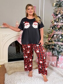 Slumberry CURVE Set Piyama Natal Manis dan Lucu Motif Kotak-kotak Warna Kontras Kerah Bulat Lengan Pendek Celana Panjang Ukuran Besar - MultiWarna - View 3