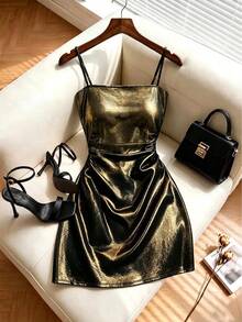Franclia Women's Metallic Texture Pleated Fashion Cami Mini Dress - Multicolor - View 5