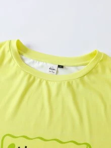 SpongeBob SquarePants | SHEIN Set Piyama Wanita Motif Kartun Atasan Lengan Pendek dan Celana Panjang - Kuning - View 3