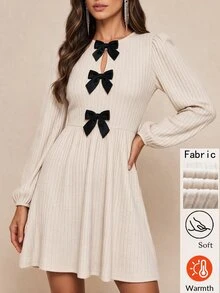 Amorya Women's Bow Decor Bubble Long Sleeve Elegant Midi Dress - Multicolor - View 3