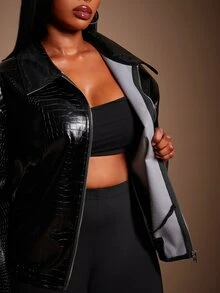 SHEIN SXY Plus-Size Women's Glossy Leather Loose-Fitting Black Coat Winter - Black - View 8