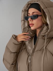 EURMUSE Women Solid Color Contrast WhiteColor Lining Detailed Long Winter Coats - Cream - View 6