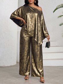 SHEIN Lady Women's Solid Color Asymmetrical Shoulder Top And Pants Casual Daily 2 Pieces Set - Gold - View 5