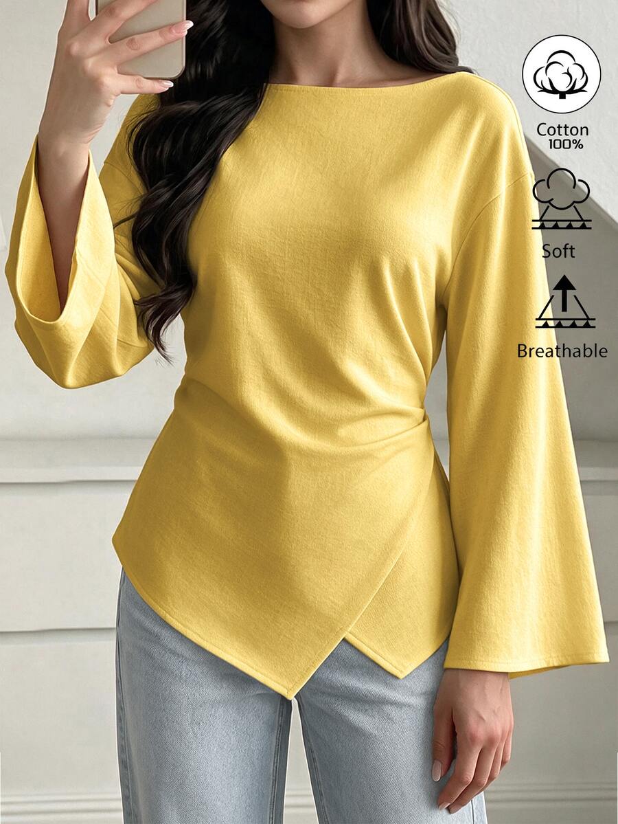Elenzga Off White Boat Neck Ruched Waist Irregular Hem Cotton Blouse, French Casual Top For Office, Dating & Autumn Daily Outfit - Yellow - View 1