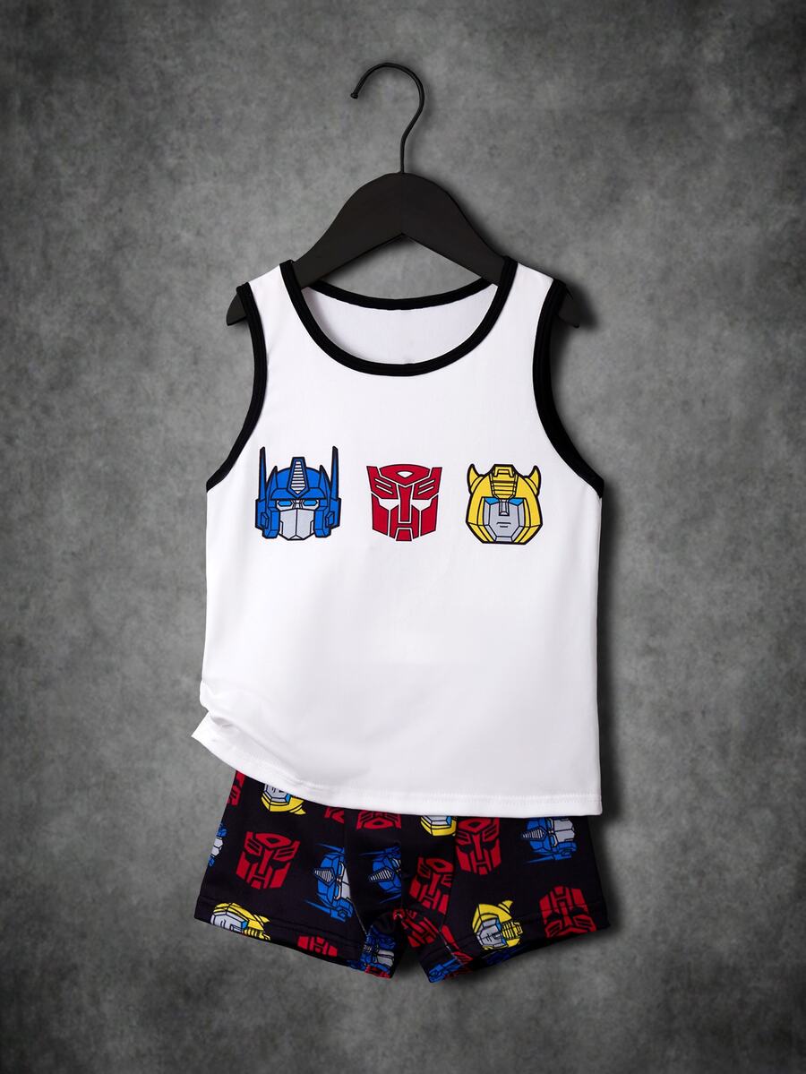 Transformers X SHEIN Young Boys Cartoon Pattern Sleeveless Tank Top & Hipster Underwear Set - Black and White - View 1