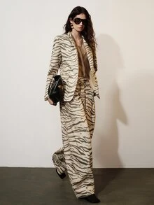 Aveloria Modichic Women's Early Autumn Stand Collar Asymmetrical Gradient Zebra Print Long Sleeve Blazer & Loose Curved Wide Leg Trousers Suit Set - Beige - View 7