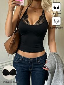 Cévolie Women's French Style Daily Best-Selling Tank Top With Built-In Cups, Solid Color Collar With Lace Design, Knitted Tank Top, Padded Tank Top, Autumn/Winter Tank Top - Black - View 2