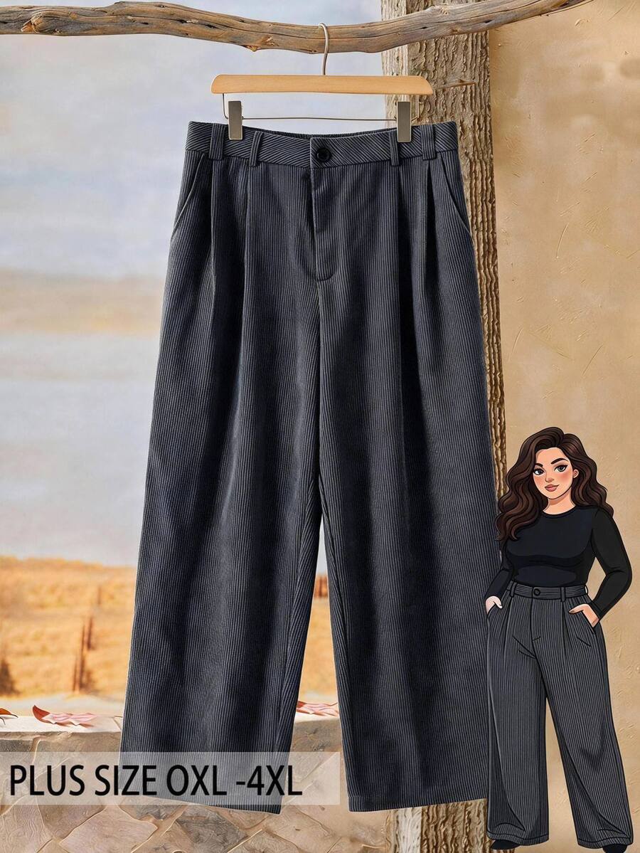 Rusticease Plus Size Women Button Pleated Design Pocket Loose Long Pants Winter Fall Office Formal Grey Casual Stylish - Grey - View 1