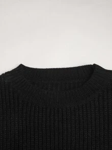 SHEIN Tween女孩純黑色蝴蝶結裝飾落肩超短版Y2K Grunge風格針織衫，適合日常穿著、休閒場合，秋冬童裝 - 黑色 - 查看 5