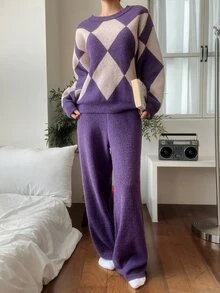 DAZY Women's Fashion Colorblock Long Sleeve Top And Pants Pajama Set - Purple - View 6