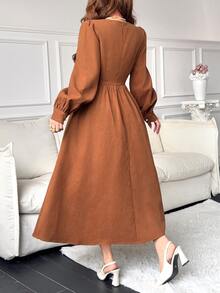 Feyla Women's Floral Embroidered Pleated Casual Party Summer Midi Dress - Brown - View 2