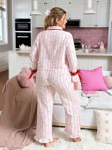 Slumberry CURVE Sweet & Cute Striped Heart Print Petal Sleeve Ruched Button-Front Plus Size Pajama Set, Wearable As Loungewear - Multicolor - View 2