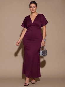 SHEIN BAE CURVE V-Neck Batwing Sleeve Solid Color Mermaid Dress - Maroon - View 7