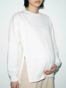 DAZY Solid Color Loose Round Neck Long Sleeve Split Hem Casual Daily Holiday Spring Autumn Top Maternity T-Shirt - White - View 3