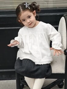 DAZY Infant/Toddler (Girl) Round Neck Long Sleeve Solid Color Spring/Autumn Korean Style Top - White - View 8