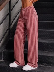 SHEIN Tall 時尚豹紋低腰水洗寬腿女款牛仔褲 - 彩色 - 查看 3