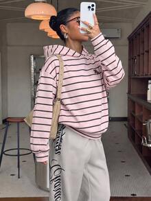 SHEIN 青少年女孩 Y2K 百搭派對條紋馬標誌印花運動衫，適合 Mu - 粉色 - 查看 3