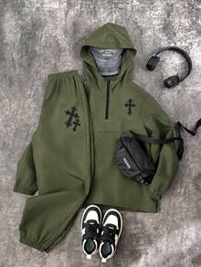 SHEIN 青少年男孩半拉鍊連帽夾克與慢跑褲2件套，休閒運動風，適合秋冬、通勤、上學、日常穿著、度假、旅行、運動，四季皆宜，抓絨加厚 - 軍綠色 - 查看 6