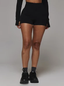 Musera Sport High Rise Ribbed Logo Back Seamless Scrunch Bum Mini Active Coord Shorts Only Sport Essentials Basics Autumn Fall Winter - Black - View 2