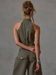 MUSERA Khaki Denim Halterneck Military Detail Top Fall Winter Everyday Causal Going Out Cool Girl Festival Forces - Army Green - View 5