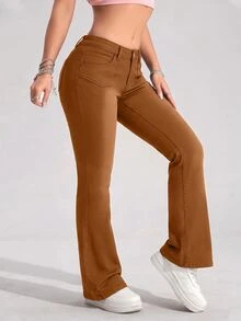 SHEIN PETITE Women's Casual Daily Travel Denim Long Pants With Pockets And Buttons,Fall/Winter,New Year Look - Brown - View 4