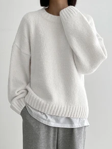DAZY Women's Solid Color Round Neck Drop Shoulder Long Sleeve Casual Loose Sweater - White - View 1
