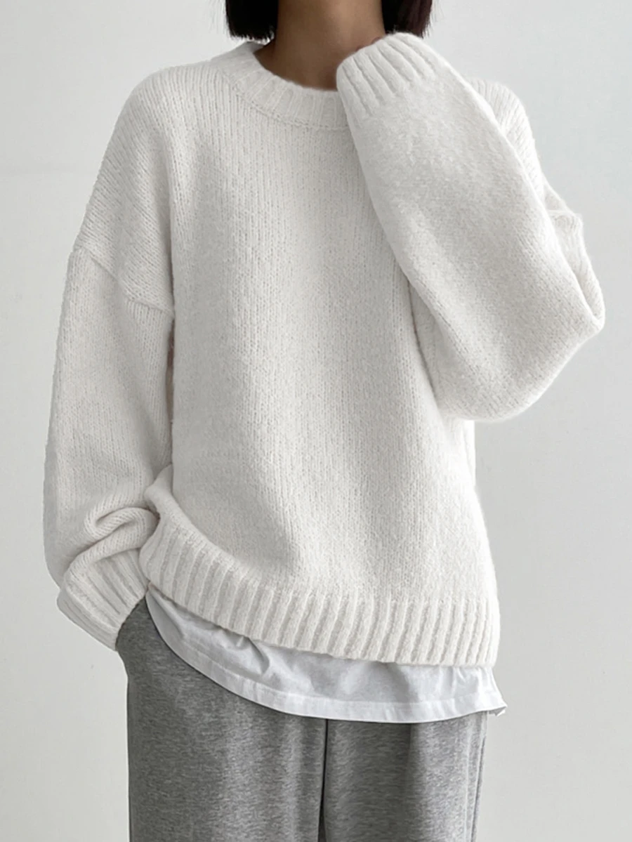 DAZY Women's Solid Color Round Neck Drop Shoulder Long Sleeve Casual Loose Sweater - White - View 1