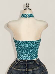 SHEIN ICON Women's Leopard Print Slim Fit Versatile Daily Wear Halter Neck Top - Blue - View 2