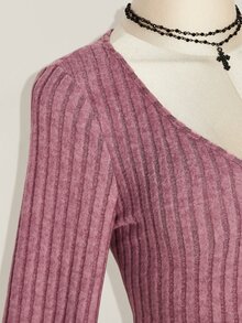 SHEIN ICON 女款秋冬復古休閒 80年代極簡 V 領喇叭袖毛絨羅紋紫色緊身洋裝 秋季外出約會穿搭 - 酒紅色 - 查看 8