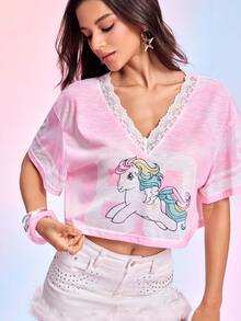 My Little Pony X SHEIN ملابس علوية نسائية كاجوال للارتداء اليومي بتصميم دانتيل مرقع وطبعة كرتونية - وردي - مشاهدة 1
