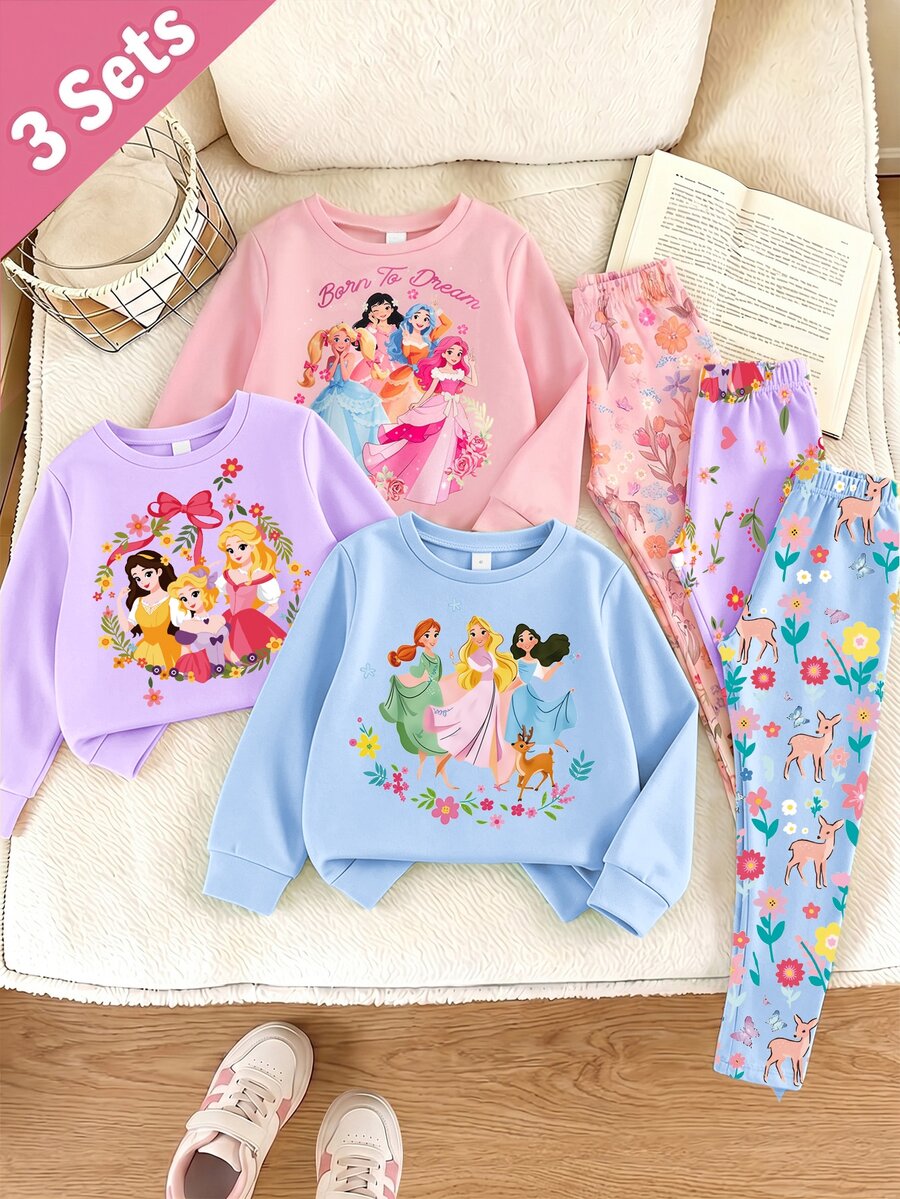 SHEIN 3套少女秋季公主卡通印花圓領長袖衛衣與內搭褲套裝,粉色紫色藍色,卡通可愛日常穿著 - 彩色 - 查看 1