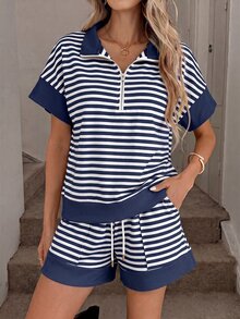 SHEIN LUNE 女款休閒端莊沿海風夏季度假通勤沙灘穿搭 藍白條紋短袖上衣與短褲 2件套 - 藏蓝色 - 查看 6