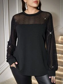 Reflora Plus Size Long Sleeve Round Neck Rhinestone Transparent Women's Blouse - Black - View 6